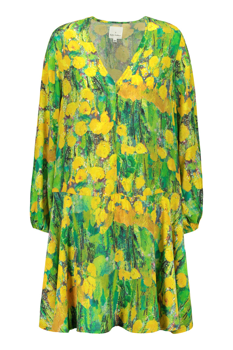 Reidar bell dress in green and yellow color scheme. Front picture of the product. Hálo x Reidar Särestöniemi EXCLUSIVE