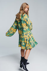 Reidar belldress in green and yellow color scheme. Picture from behind. Hálo x Reidar Särestöniemi EXCLUSIVE