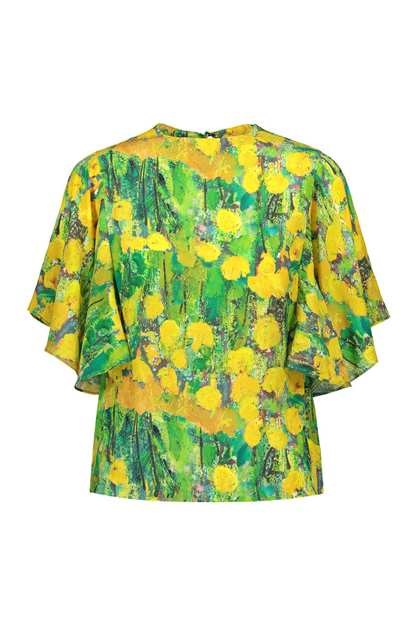 Reidar frill shirt in green and yellow. Front picture of the product. Hálo x Reidar Särestöniemi EXCLUSIVE