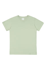 Tundra t-shirt in misty green laid flat to show the shape of the product. Hálo from north