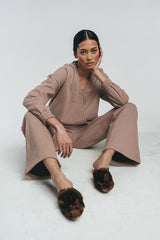 Tundra woolen wrap college in taupe paired with tundra woolen wide college pants in taupe. Hálo from north