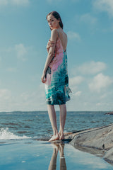 Reidar slip dress in blue and pink pattern. Side picture. Hálo x Reidar Särestöniemi EXCLUSIVE