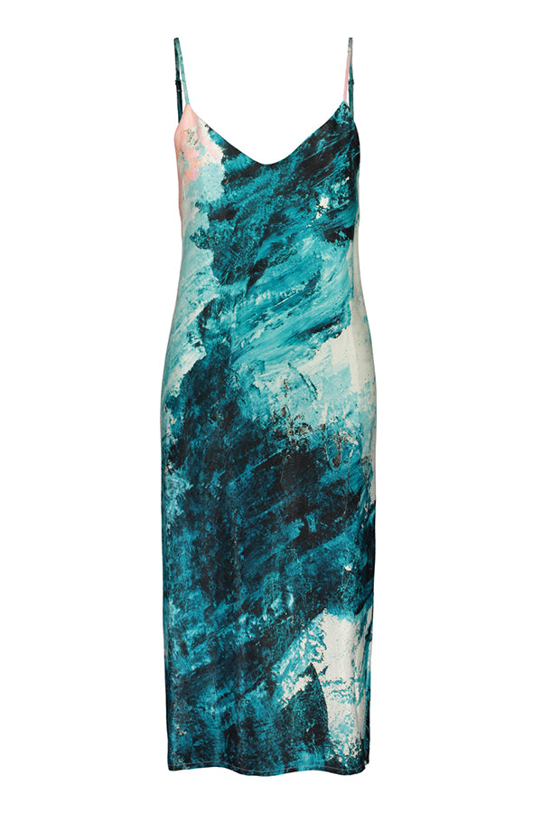 Reidar slip dress in blue and pink pattern. Front picture of the product. Hálo x Reidar Särestöniemi EXCLUSIVE